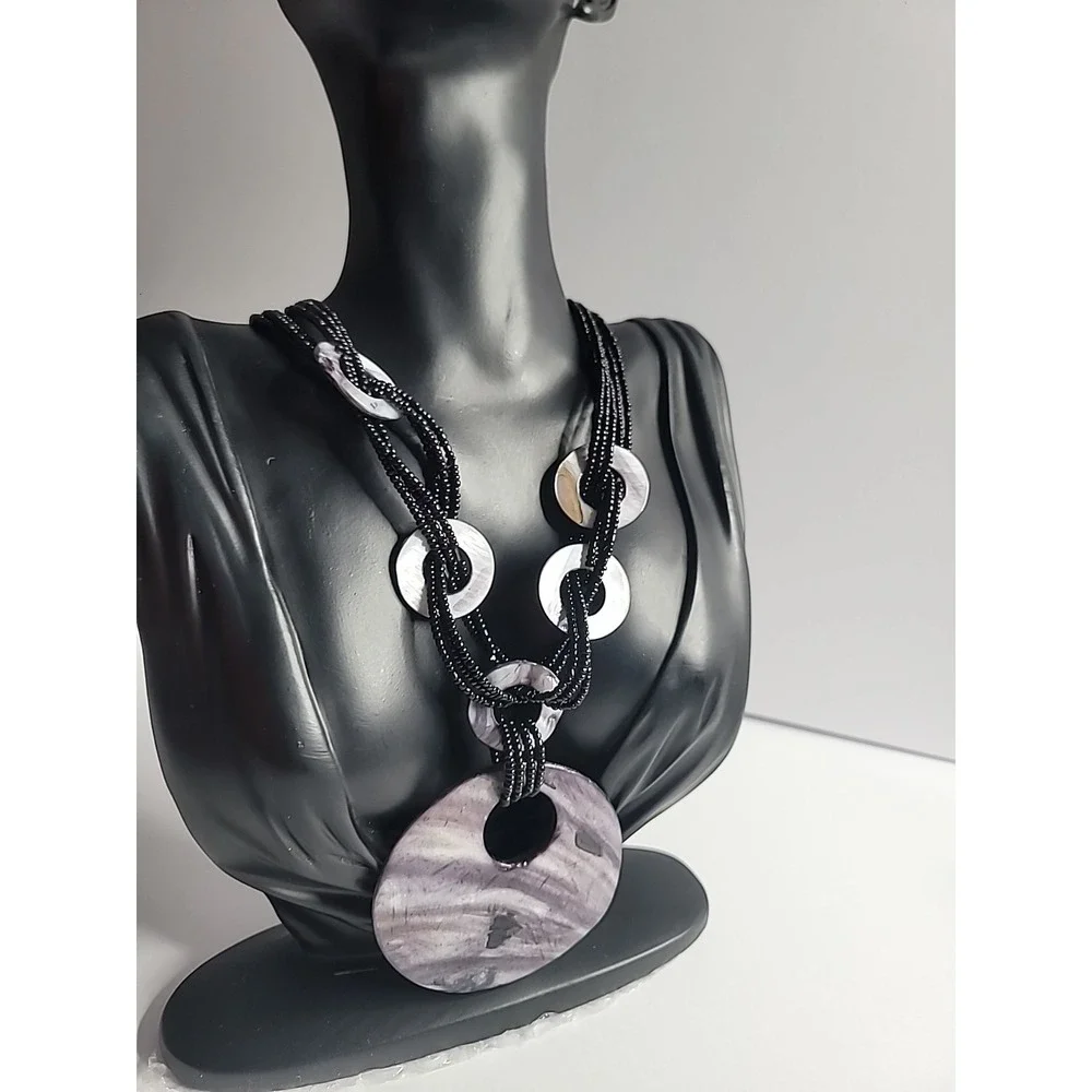 Artisan‎ Style Purple Shell Look Pendant Necklace Black Seed Bead Multi Strand